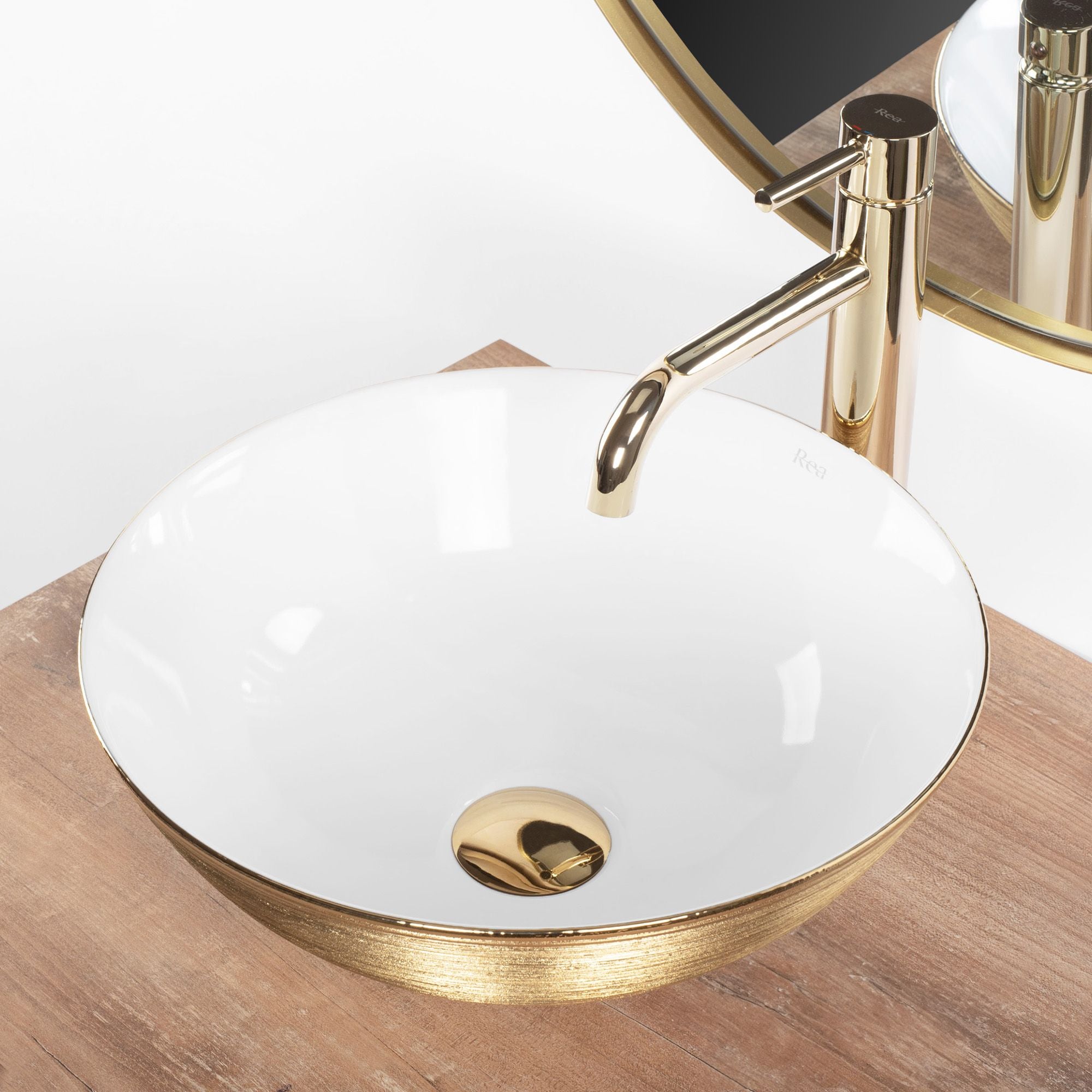 De REA STELLA Gold Brush / White aanrecht keramische wastafel
