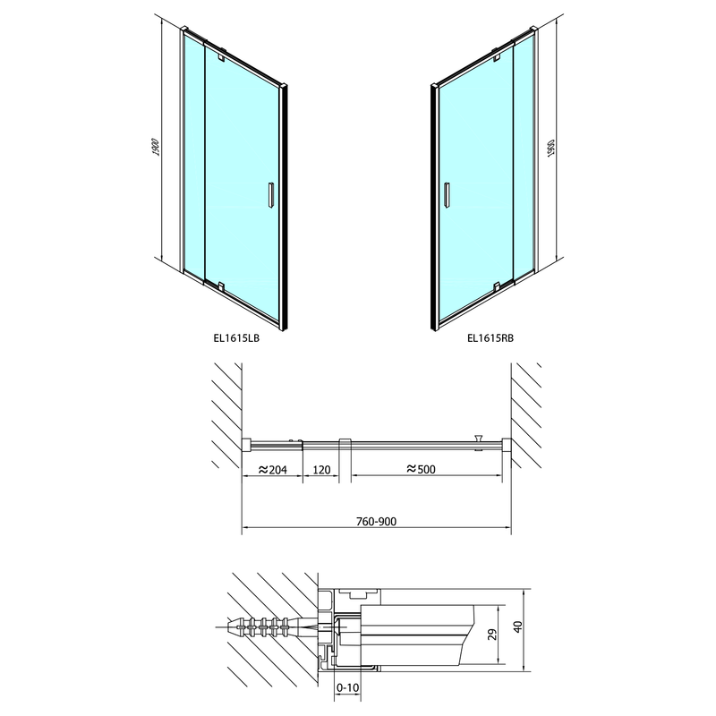 Draaibare Douchedeur Easy Mat Zwart Verstelbaar 76-90 cm