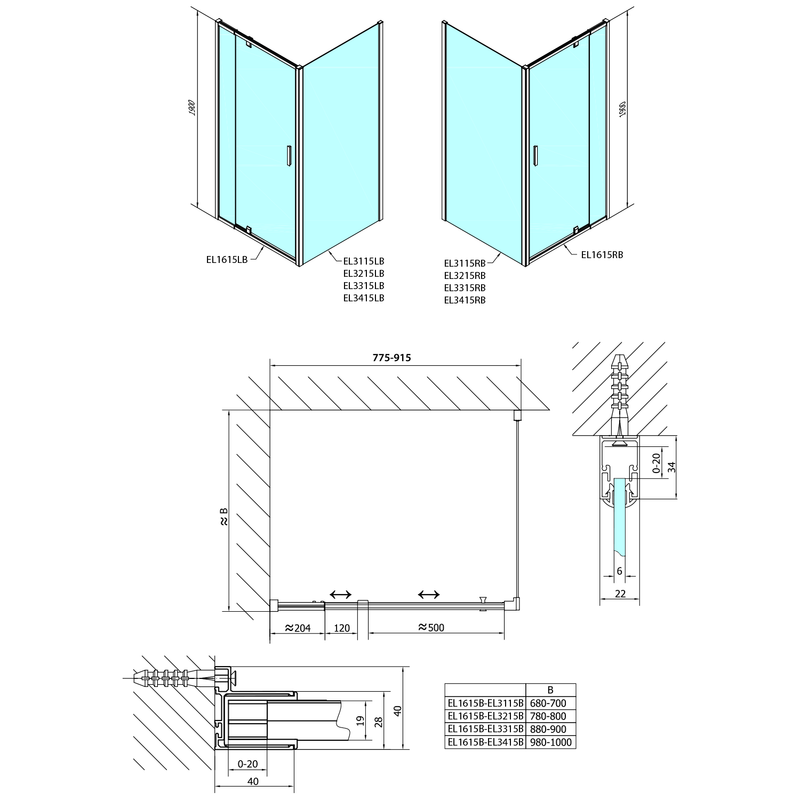 Draaibare Douchedeur Easy Mat Zwart Verstelbaar 76-90 cm