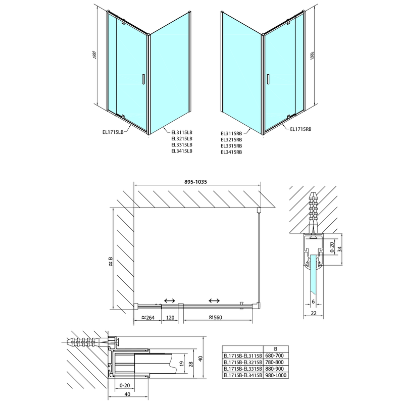 Draaibare Douchedeur Easy Mat Zwart Verstelbaar 88-102 cm