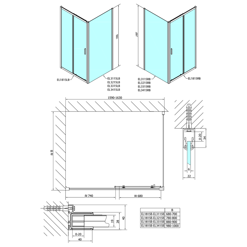 Douche Schuifdeur Easy Mat Zwart 160x190 cm