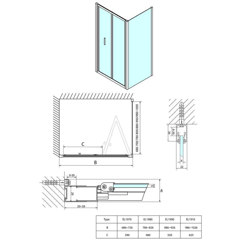 EASY LINE  Douchecabine 100x70 cm met Vouwdeur L/R Helder Glas