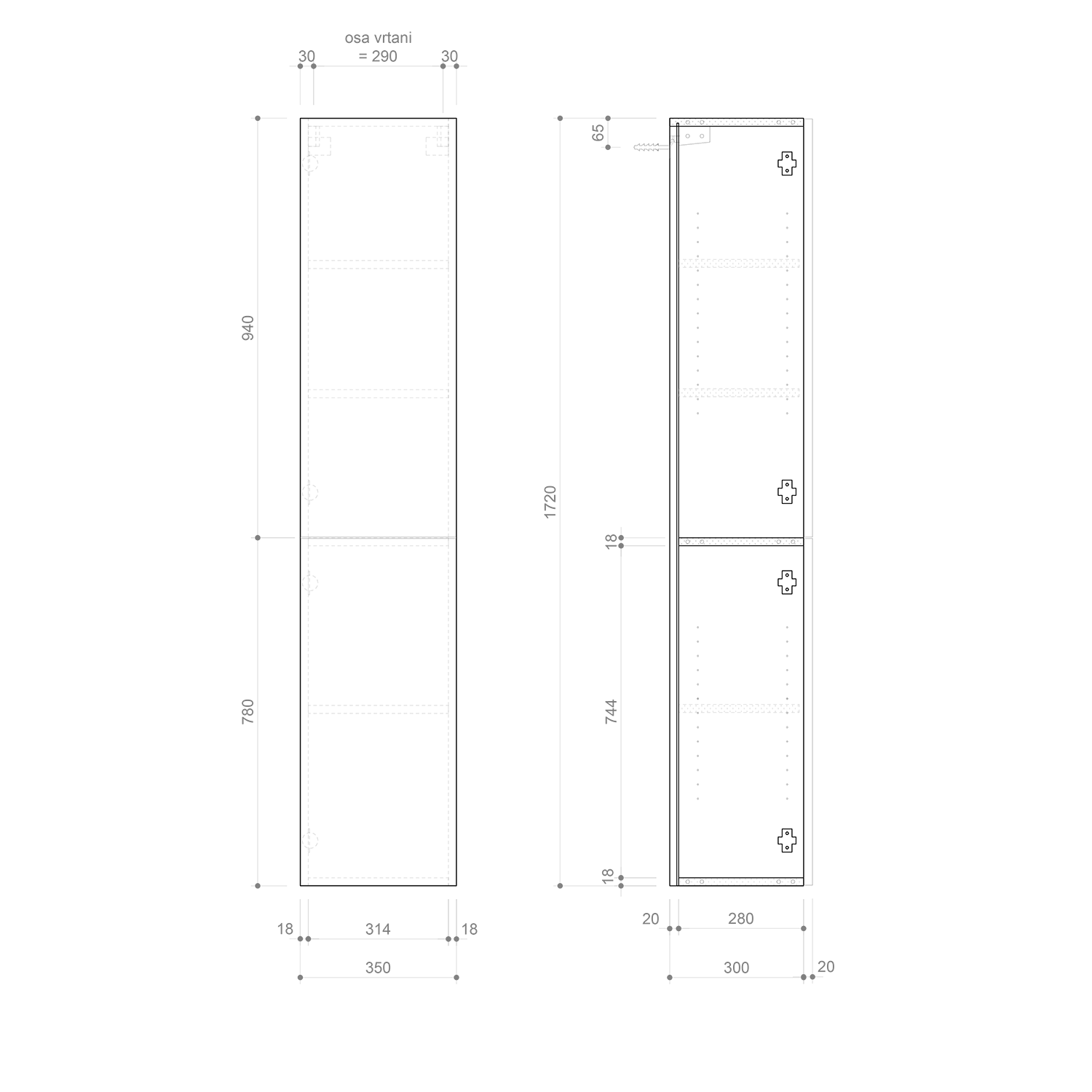 Hoge kolomkast Espace met 2 deuren L/R draaibaar Eiken Ribbelfront