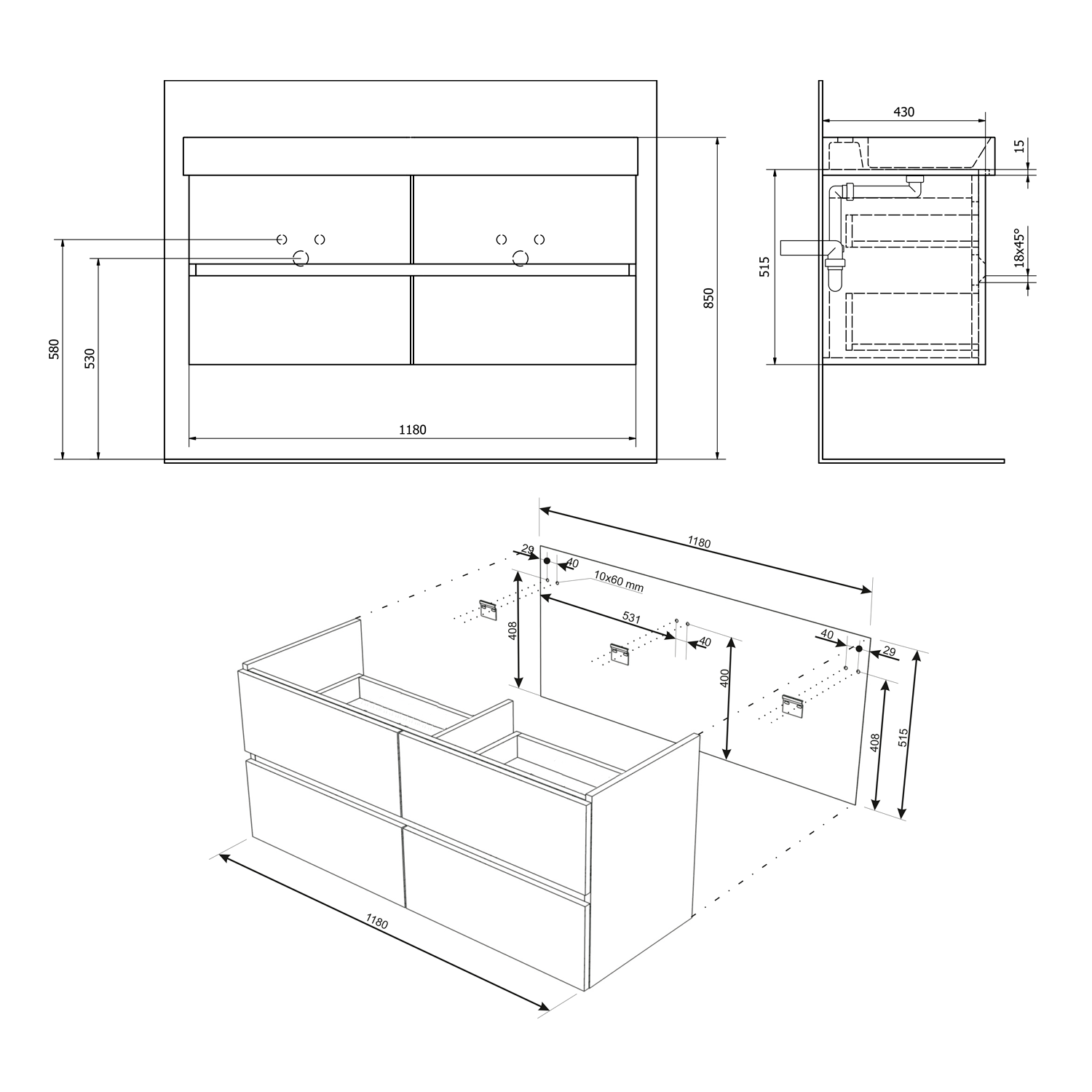 Sapho Filena Wastafelonderkast 118 X 43 X 51,5 Cm Zwart Geribbeld - afbeelding 5