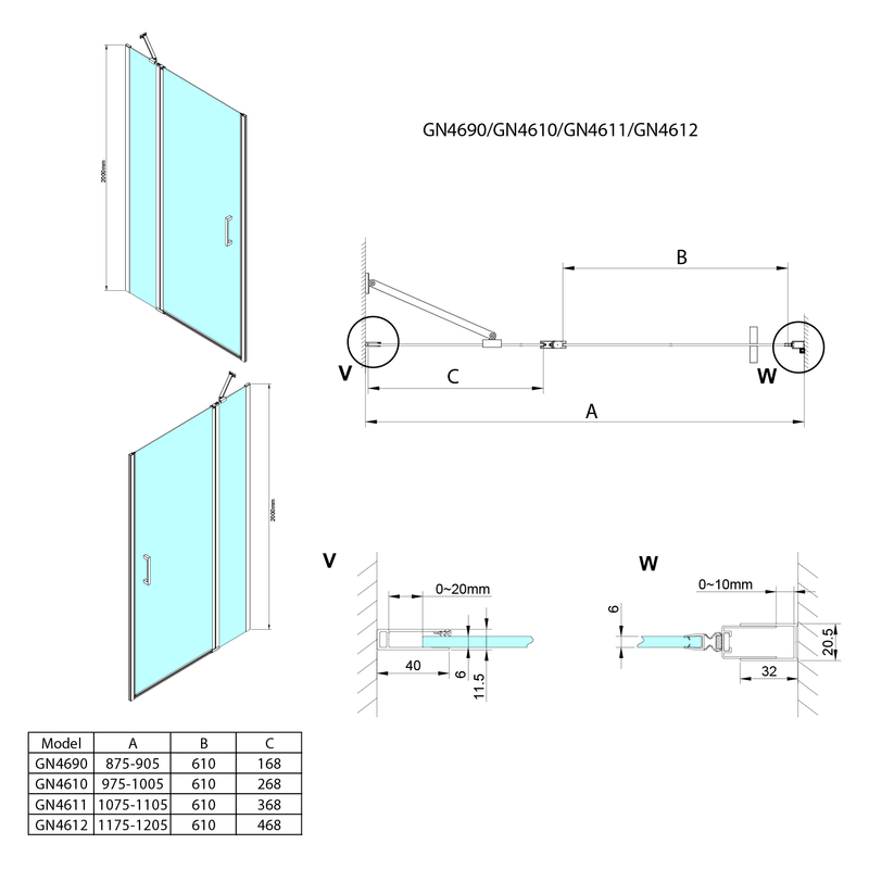 Douchedeur Met Vast Deel Loro 6mm Antikalk Veiligheidsglas (90-120cm)