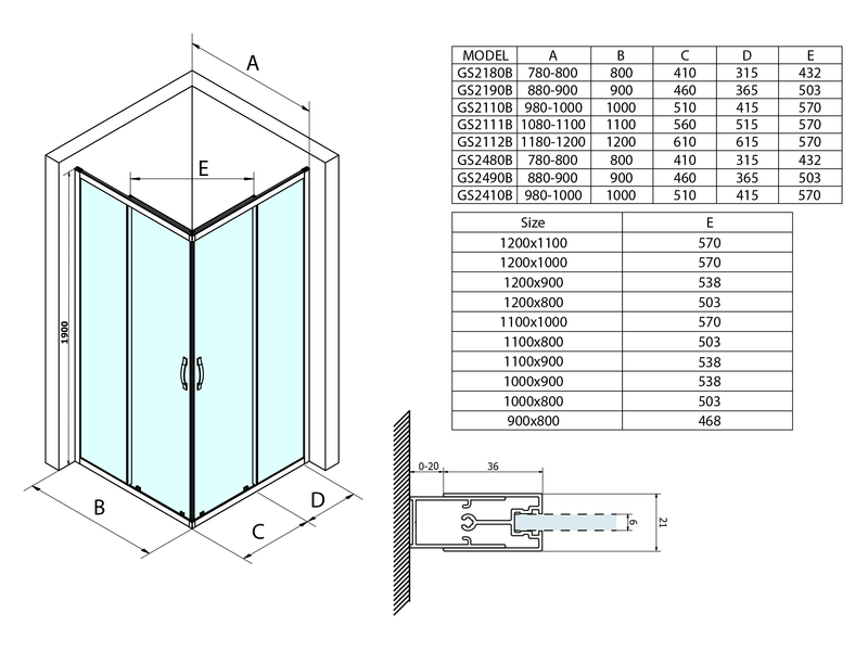 Douchecabine Sigma Hoekinstap 1000x1000mm, Helder Glas, Mat Zwart Profiel