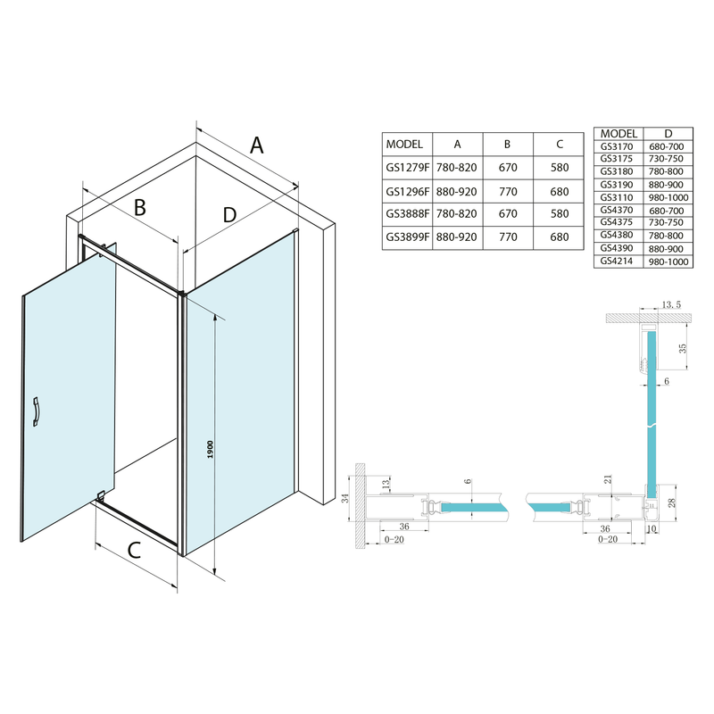 Douchecabine Sigma met Draaideur 900x750mm L/R Helder Glas