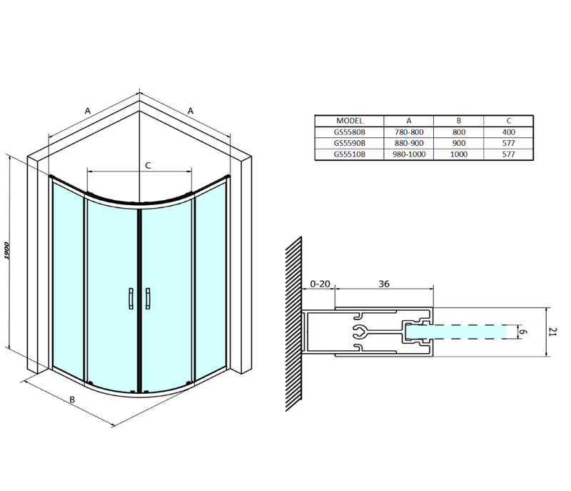 Douchecabine Gelco Simply Black 1000x1000mm Kwartrond