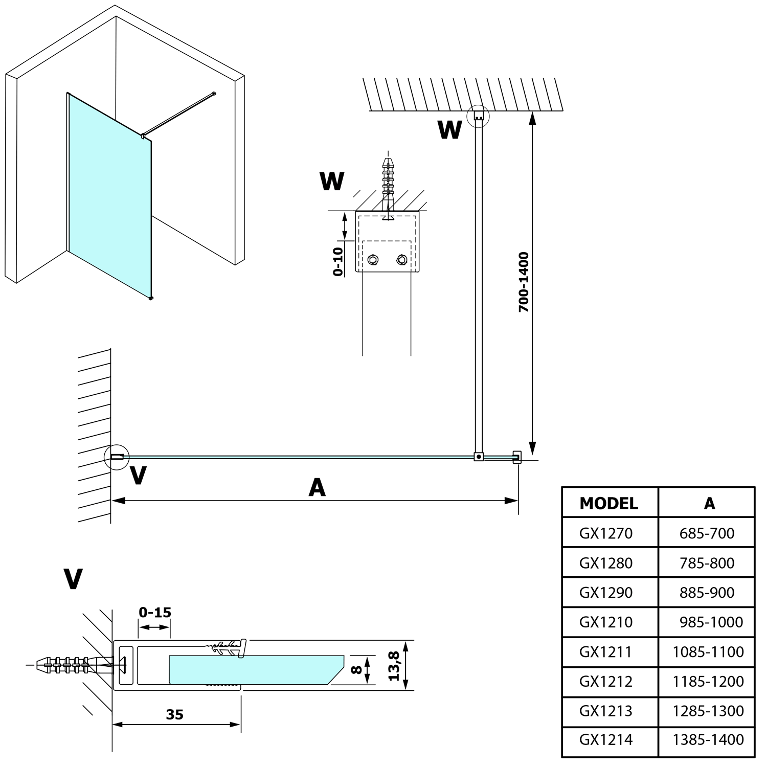 VARIO Muur Stabilisatiestang 140cm Mat Zwart 140cm (inkortbaar)