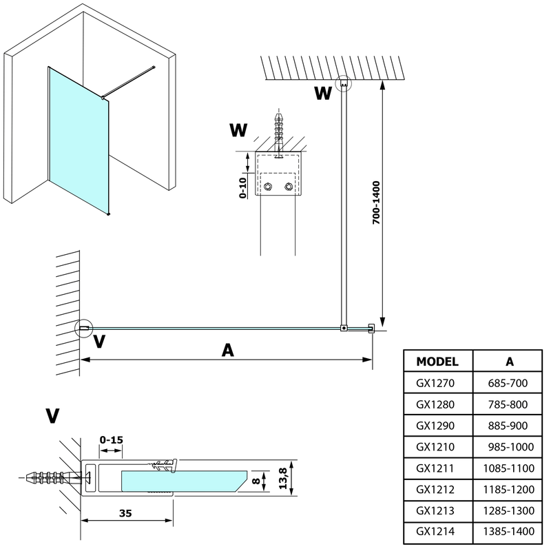 VARIO Shower Inloopdouche Stabilisatiestang Mat Zwart 140cm (inkortbaar)