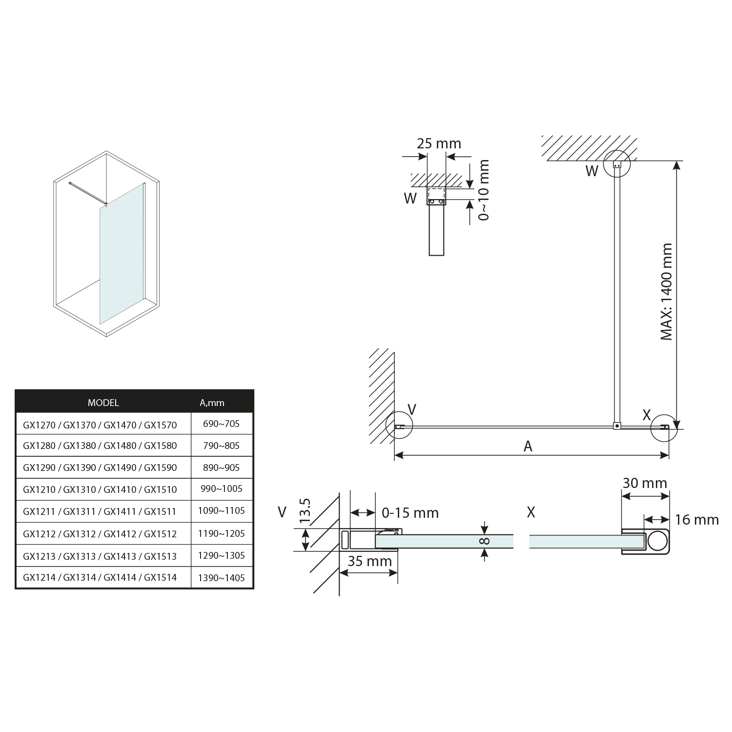 Douchewand Vario Wit Profiel Mat Glas 110x200 Cm - maattekening