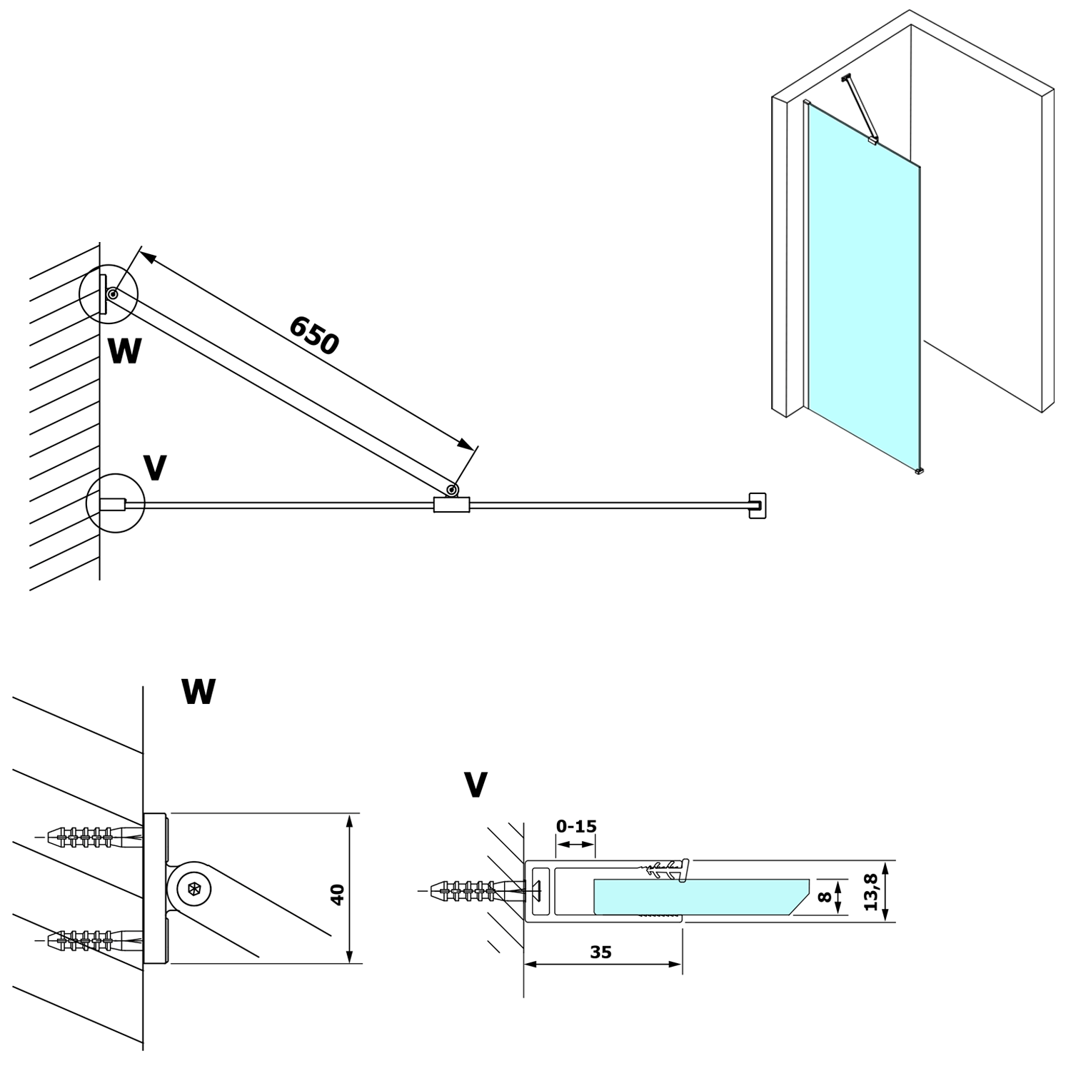 VARIO Shower Inloopdouche Hoek Stabilisator 650mm Mat Zwart