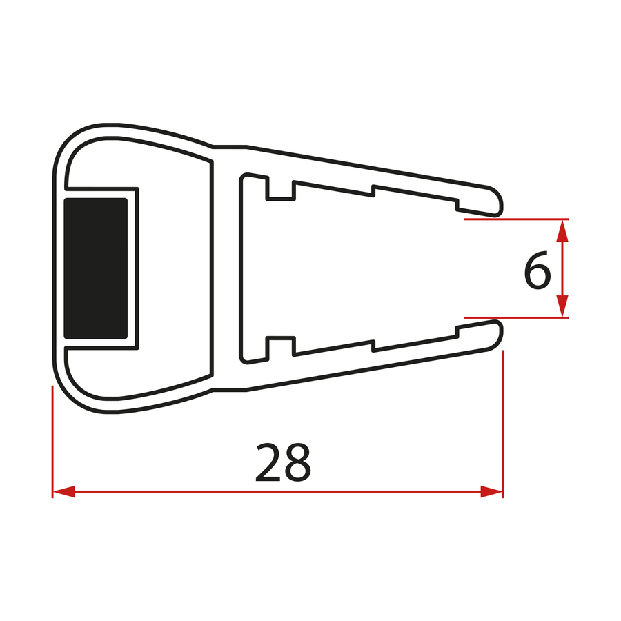 Platte magnetische afdichting voor glas van 6 mm, 2000 mm