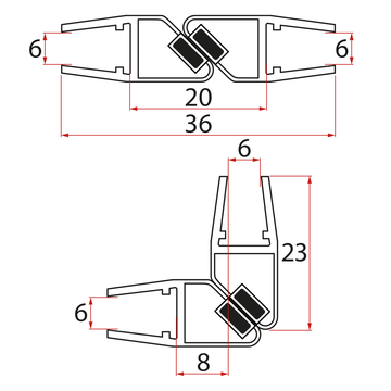Set van 45° magnetische afdichtingen voor glas 6/6mm, 1900mm