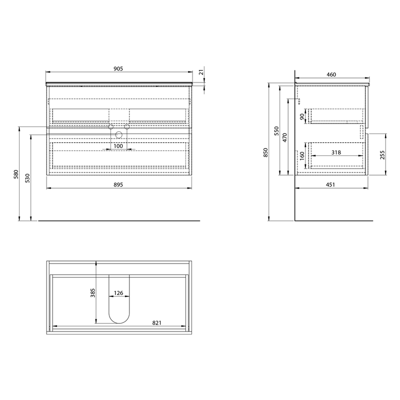 Badmeubel 90x46x55 Aqualine Paneda Wit