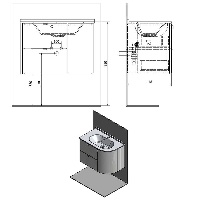 Asymmetrische hoek wastafel onderkast Pulse 75x45cm wit antraciet