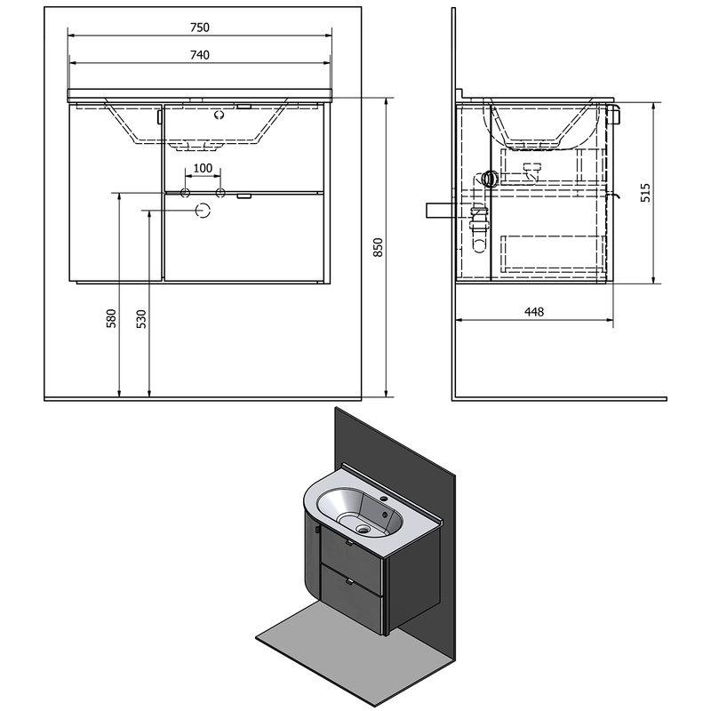 Asymmetrische hoek wastafel onderkast Pulse 75x45cm wit antraciet