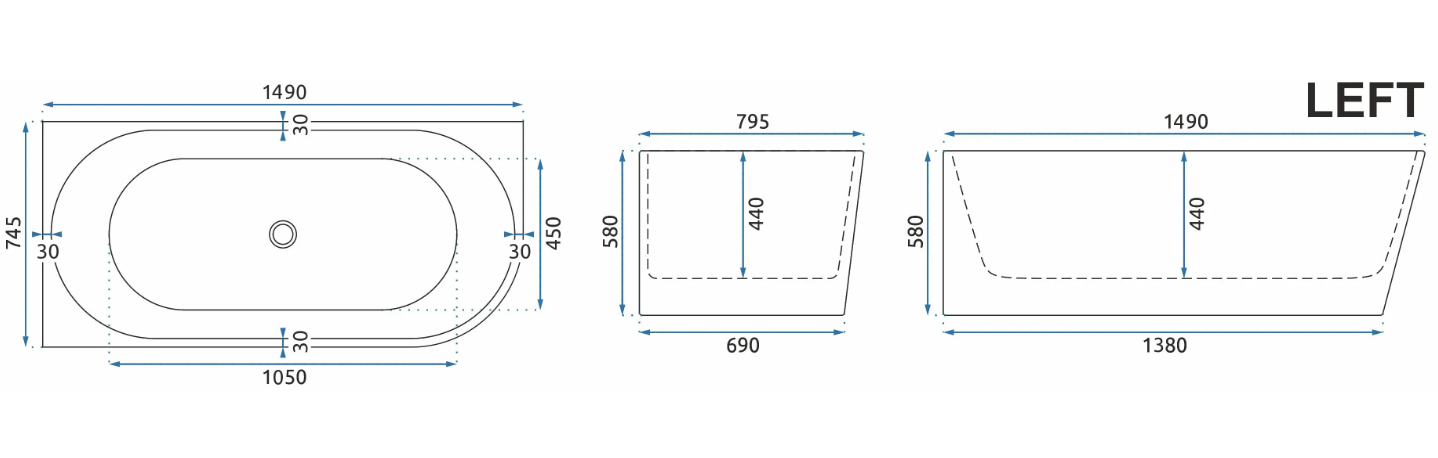 Maattekening Hoekbad Rea Bellanto Wit 170 x 80 cm met afmetingen in cm