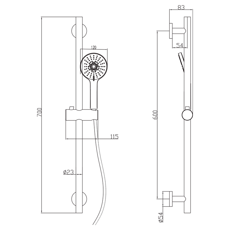 Glijstangset 70cm met Handdouche en Doucheslang Mat Zwart