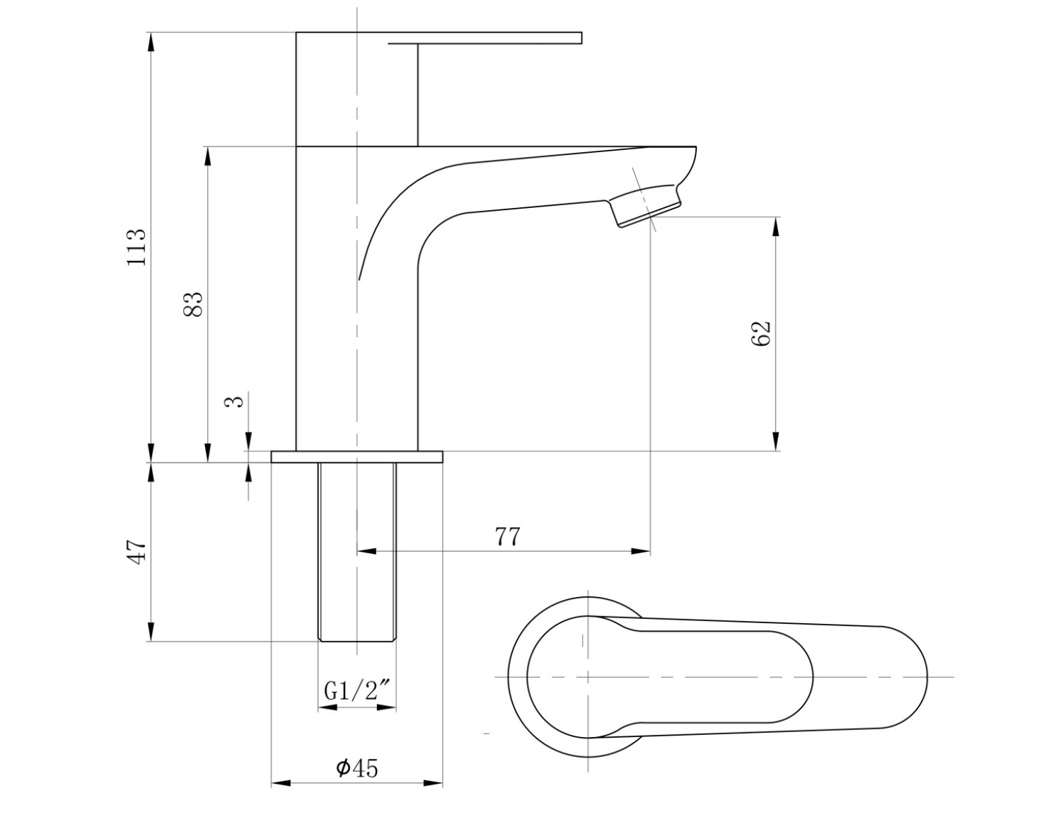 Sapho Small Fonteinkraan Koud Water 113 mm Chroom technische tekening