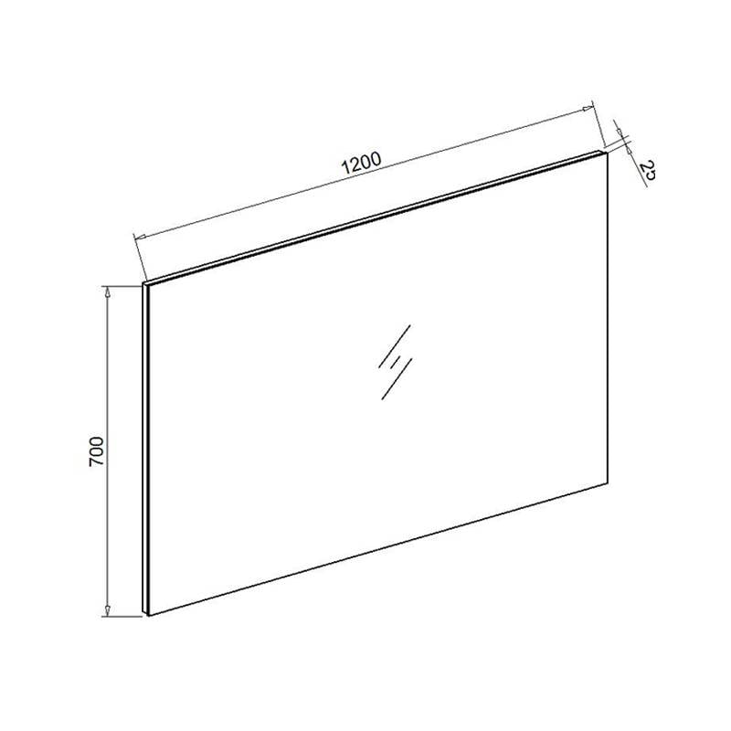 Standaard spiegel 120x70x2,5 met spiegelverwarming maattekening