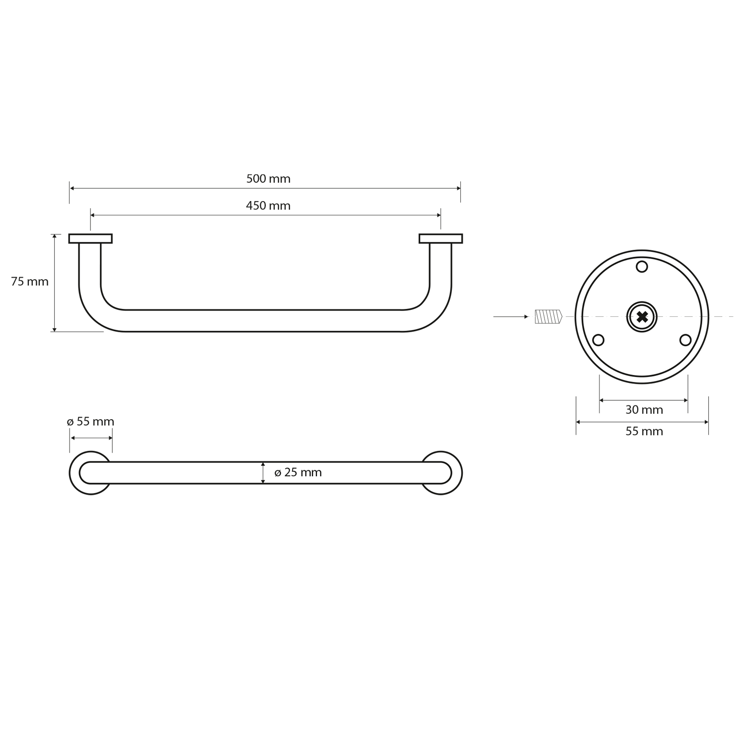Sapho X-Round E Massieve Wandbeugel 45 Cm Chroom Messing Technische Tekening