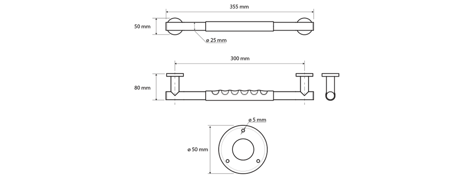 Sapho X-Round Wandbeugel Met Antislip Greep 30 Cm Rvs Gepolijst Technische Tekening