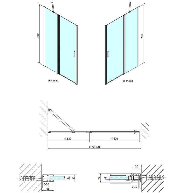 ZOOM Douchedeur Met Vaste Wand 1200mm Chroom