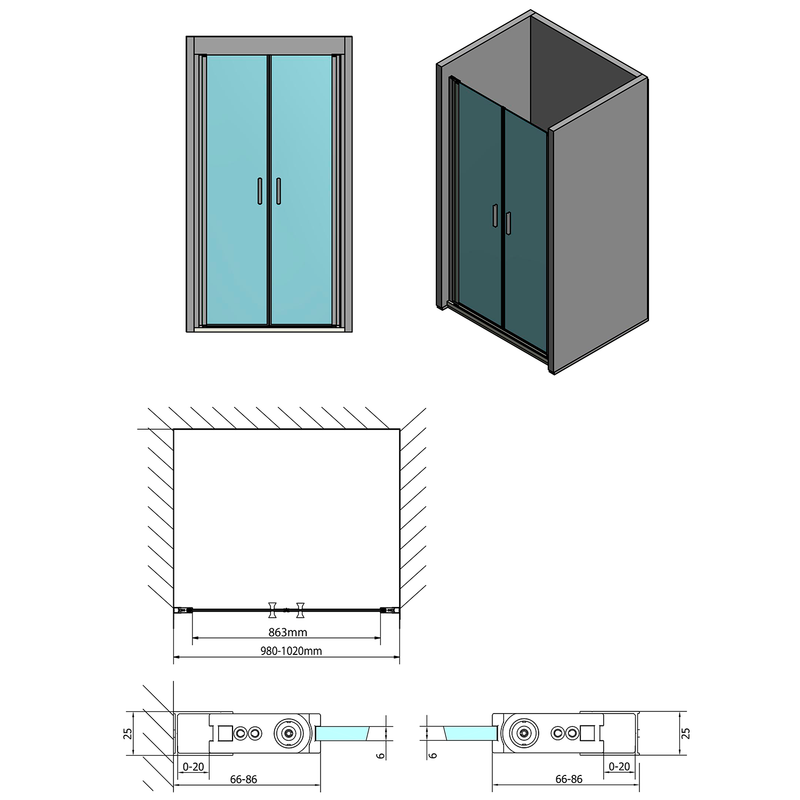 Dubbele nisdeur 100x190cm helder glas antikalk Zoom Line chroom