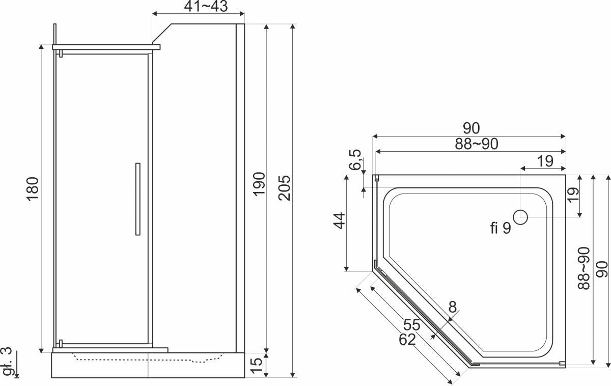 Hoekdetail douchecabine Kerra Glasgow Helder Glas