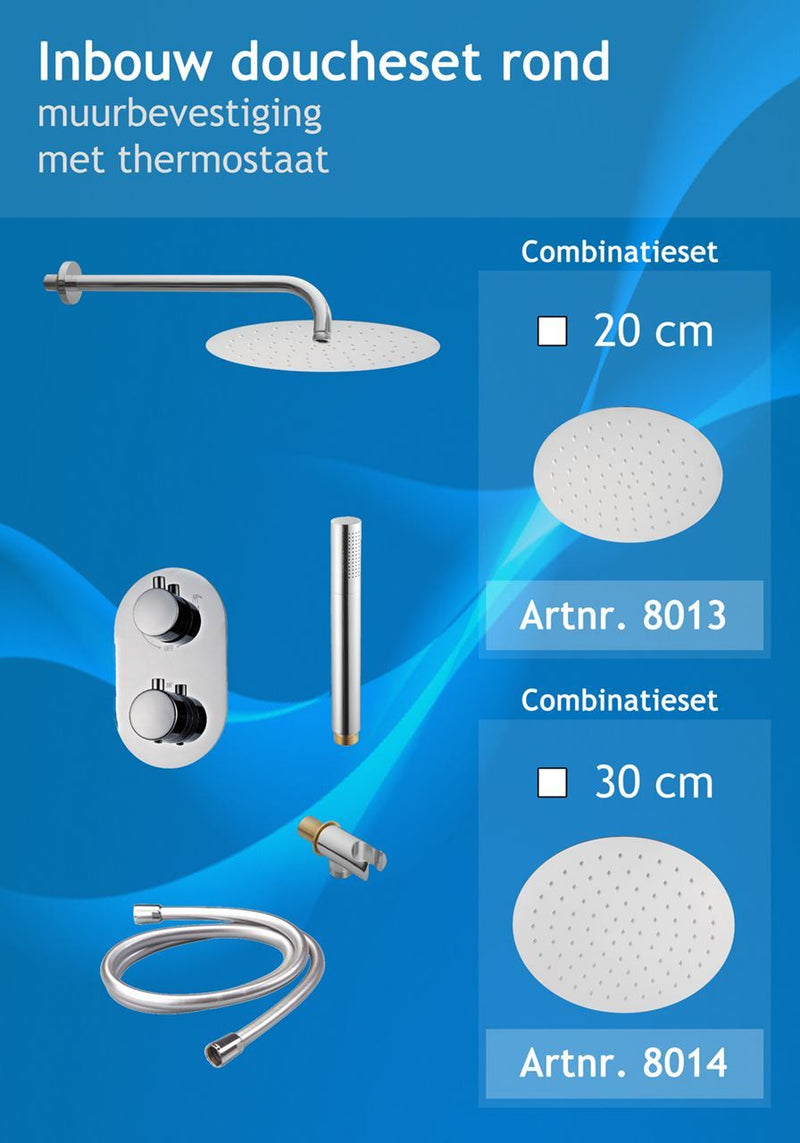 Inbouw regendoucheset douchekop rond 30 cm met muursteun