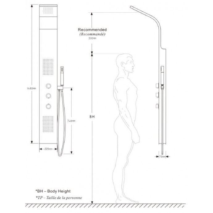 Luzi Dio RVS douchekolom met thermostatische kraan 148x22