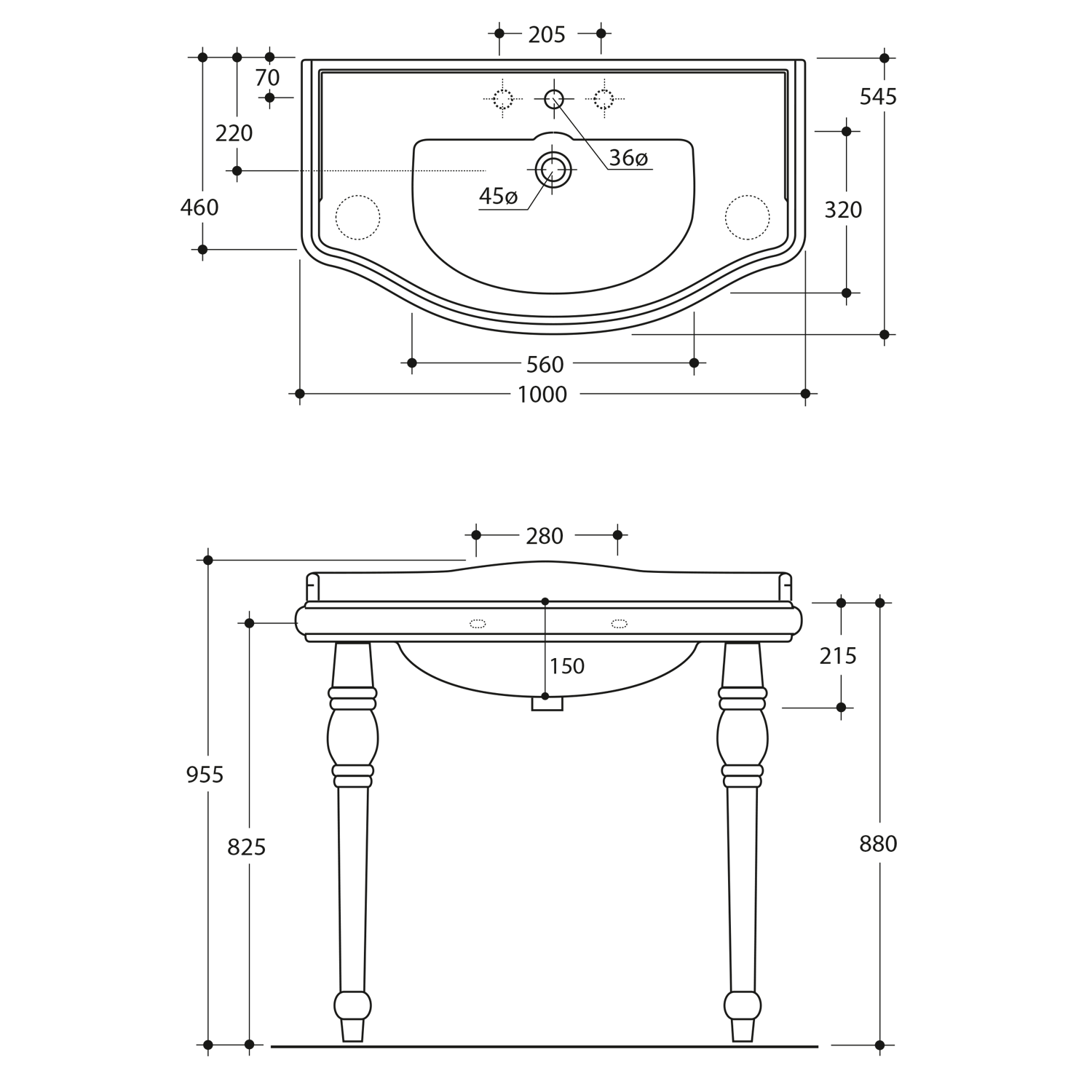 RETRO steunpotenset voor wastafel 100cm