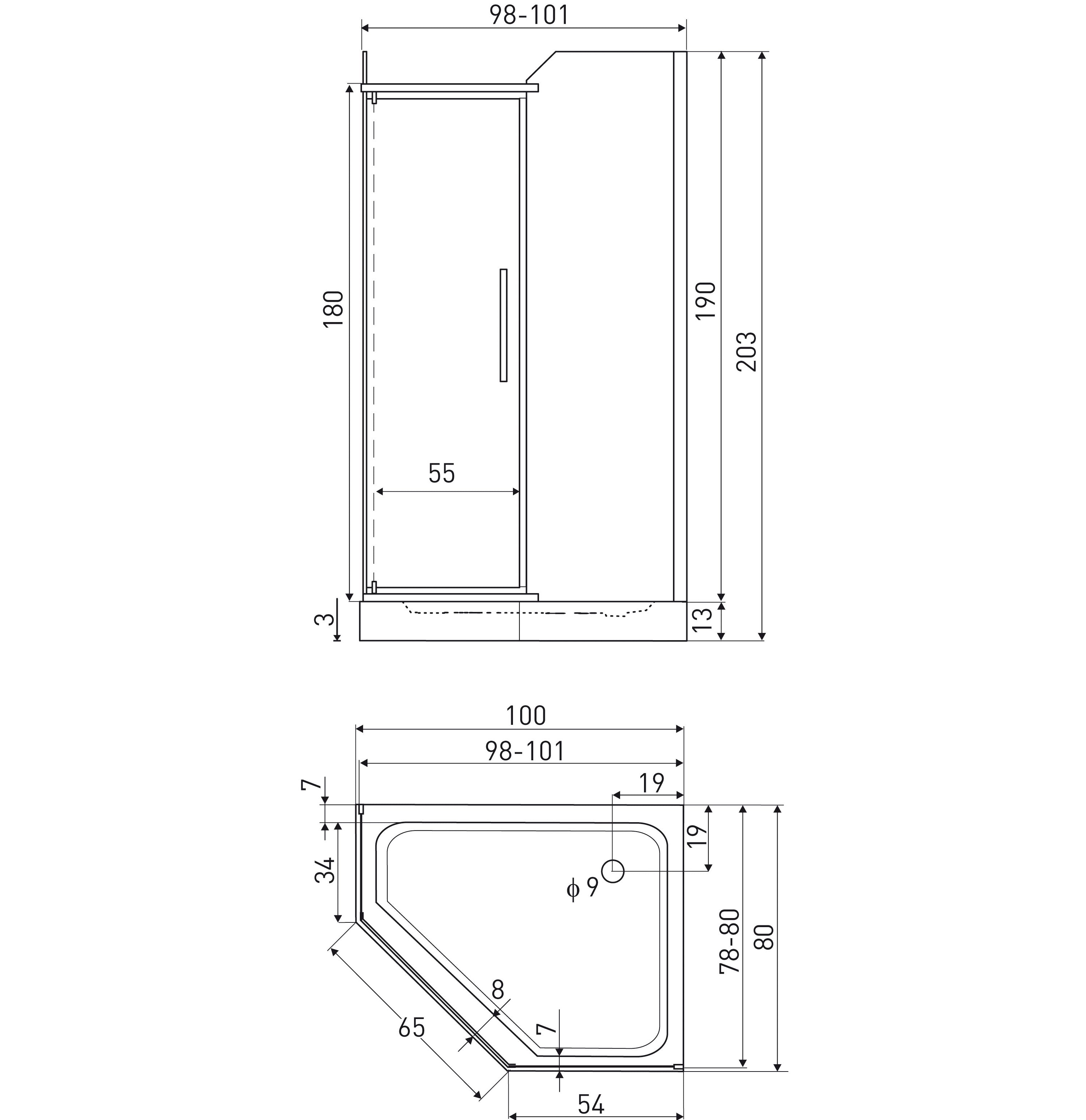 Kerra Glasgow douchecabine vijfhoek 100x80x190 helder glas