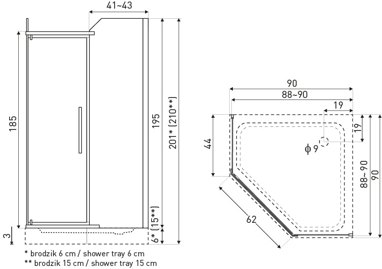 Kerra Prato douchecabine vijfhoek 90x90x190cm mat zwart met grijs antikalk glas