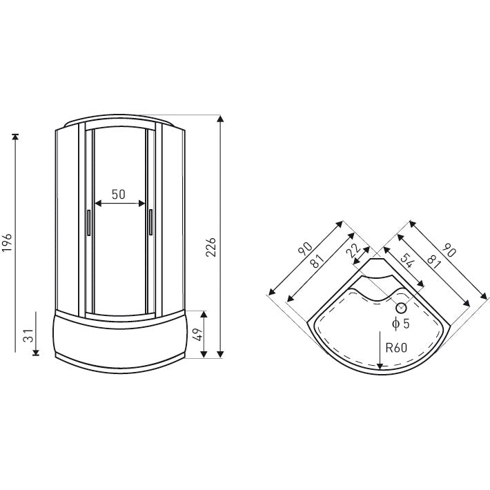 Gesloten douchecabine 1/4 rond 90x90 Silver Diamond