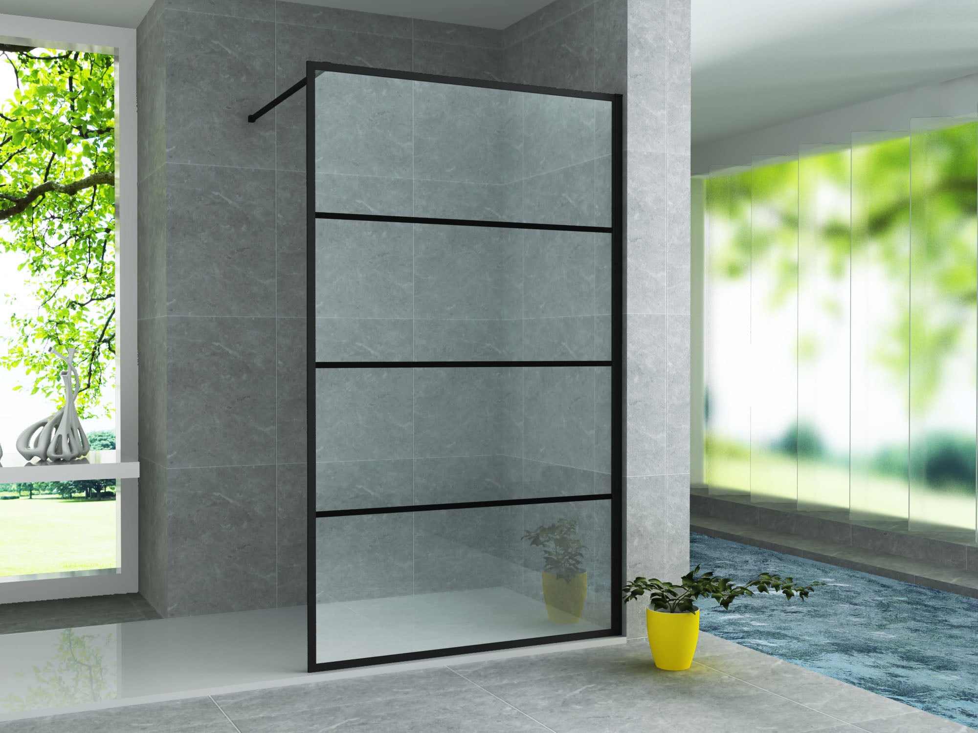 Douchewand mat zwarte lijnen 8mm veiligheidsglas antikalk
