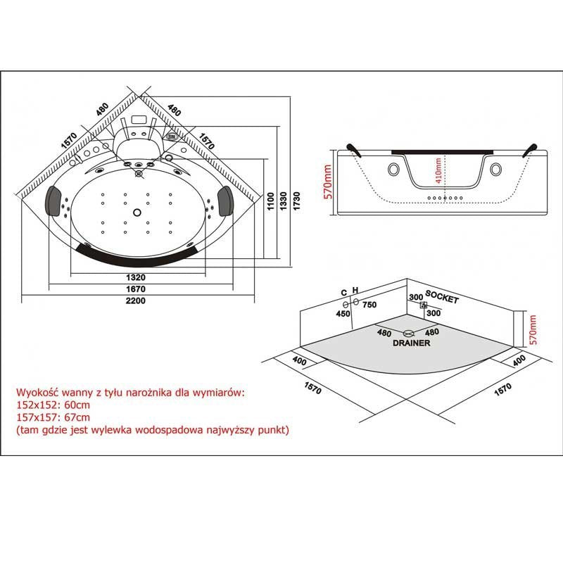 Bovenaanzicht van de badruimte van Whirlpoolbad Whirpool Hydrosan Orino met ozon Wit 157 x 157 cm