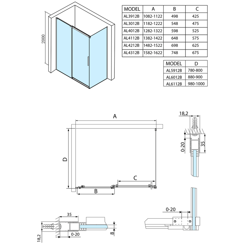 Douchecabine 110x80 Altis Line mat zwart profiel 8mm antikalk veiligheidsglas