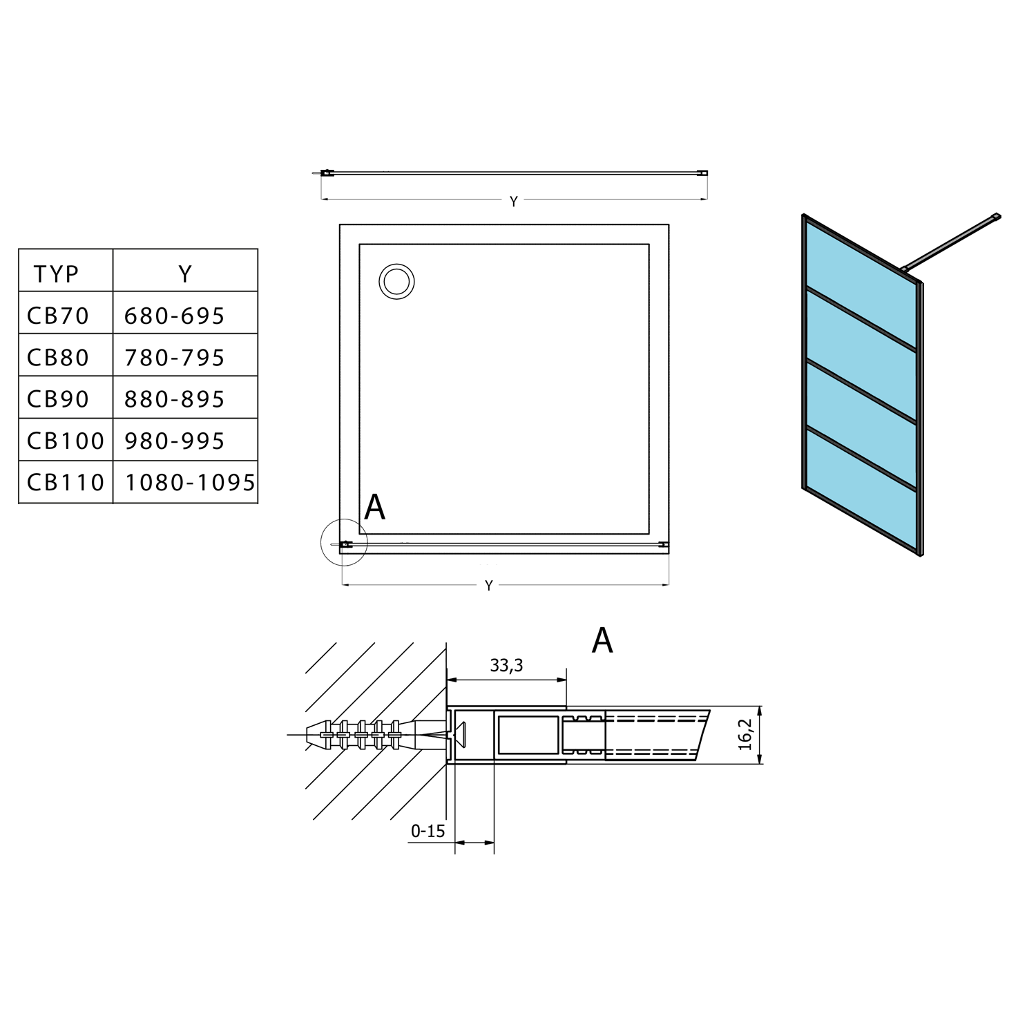 Inloopdouche douchewand 100x200 Cure Mat Zwart zwart met anti-kalk coating - maattekening