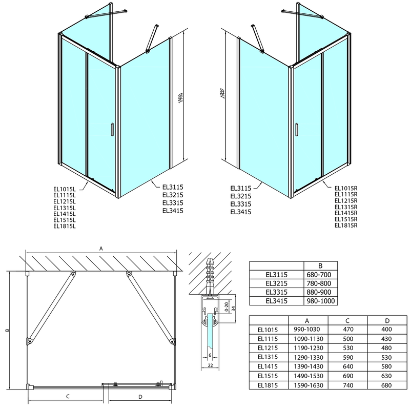 Drie zijden douchecabine Easy Line U-vorm Schuifdeur 100cm