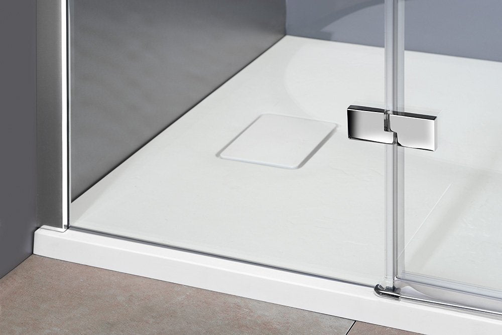 Detail van glas en chroom van Polysan Rechthoek douchecabine