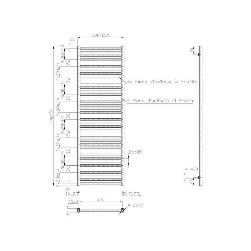 Radiator Luzi Block 150x50cm vierkante spijlen grafiet