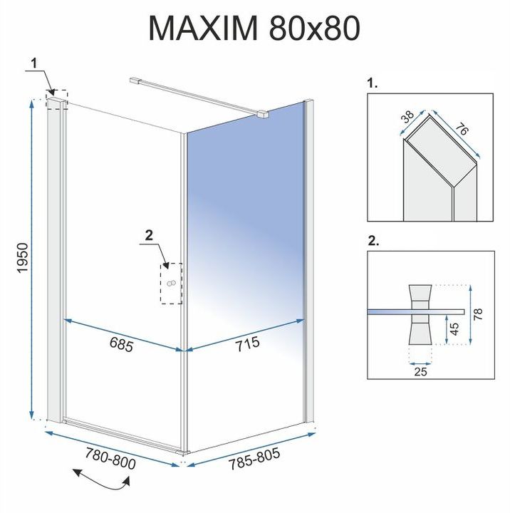 Vierkante douchecabine met draaideur en vaste wand Maxim