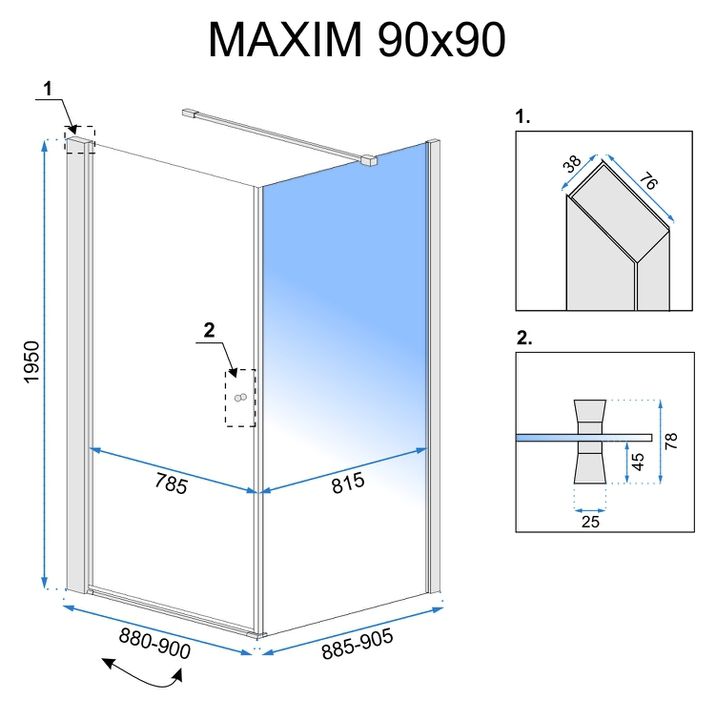 Vierkante douchecabine met draaideur en vaste wand Maxim