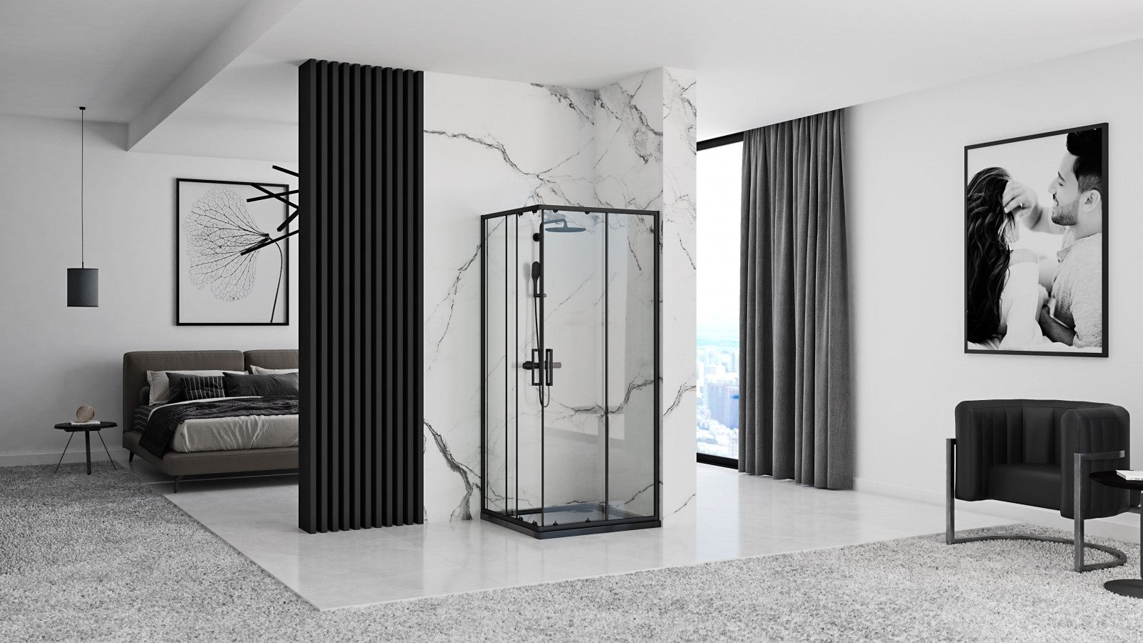 Detail van glas en mat zwart van Rea Punto douchecabine