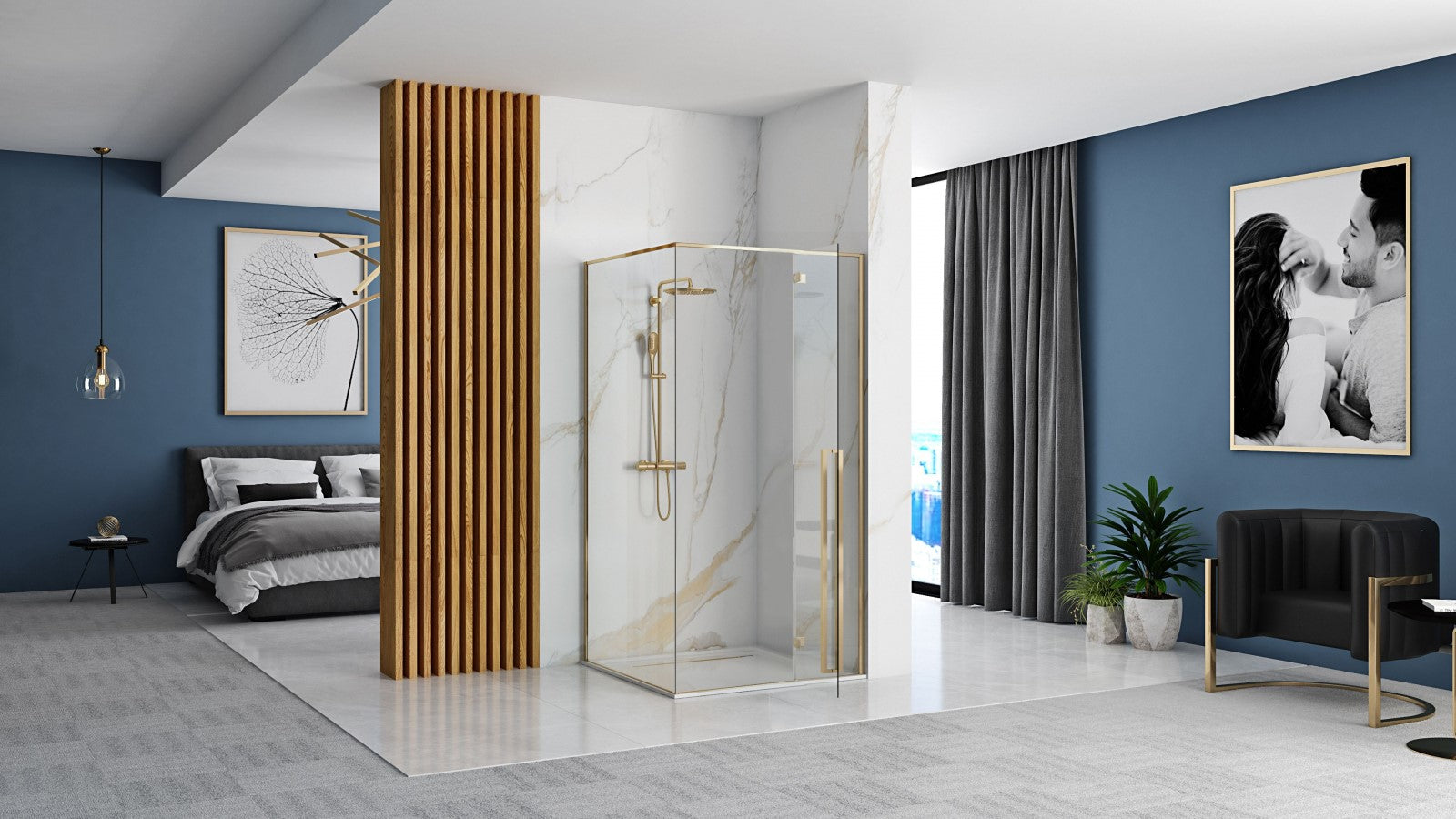 Detail van glas en glans goud van Rea Glans douchecabine