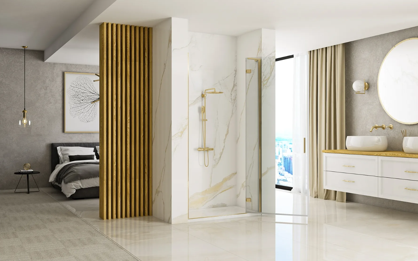 Douche nisdeur met paneel en draaideur REA Hugo goud