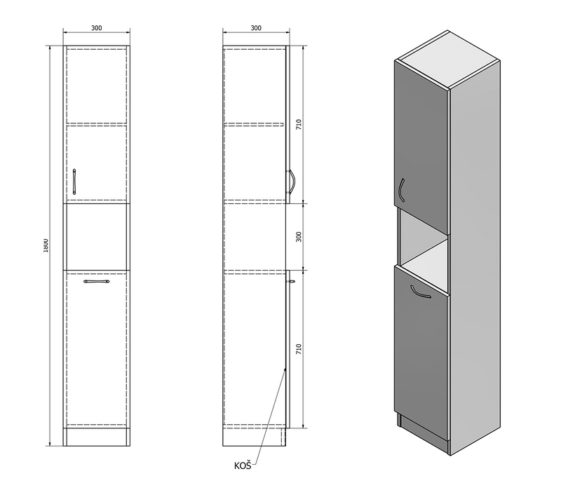 Hoge kolomkast twee deuren 30x30x180cm Simplex Eco met wasmand