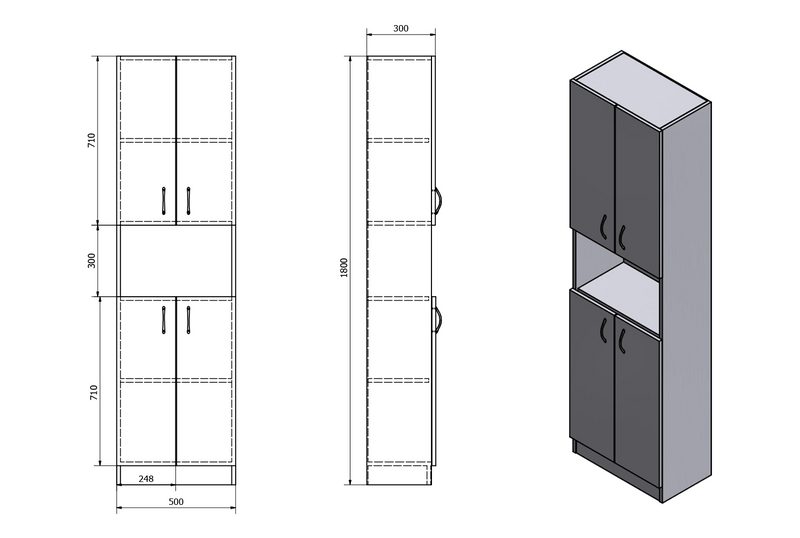 Hoge kolomkast met vier deuren 50x30x180cm Simplex Eco mat wit